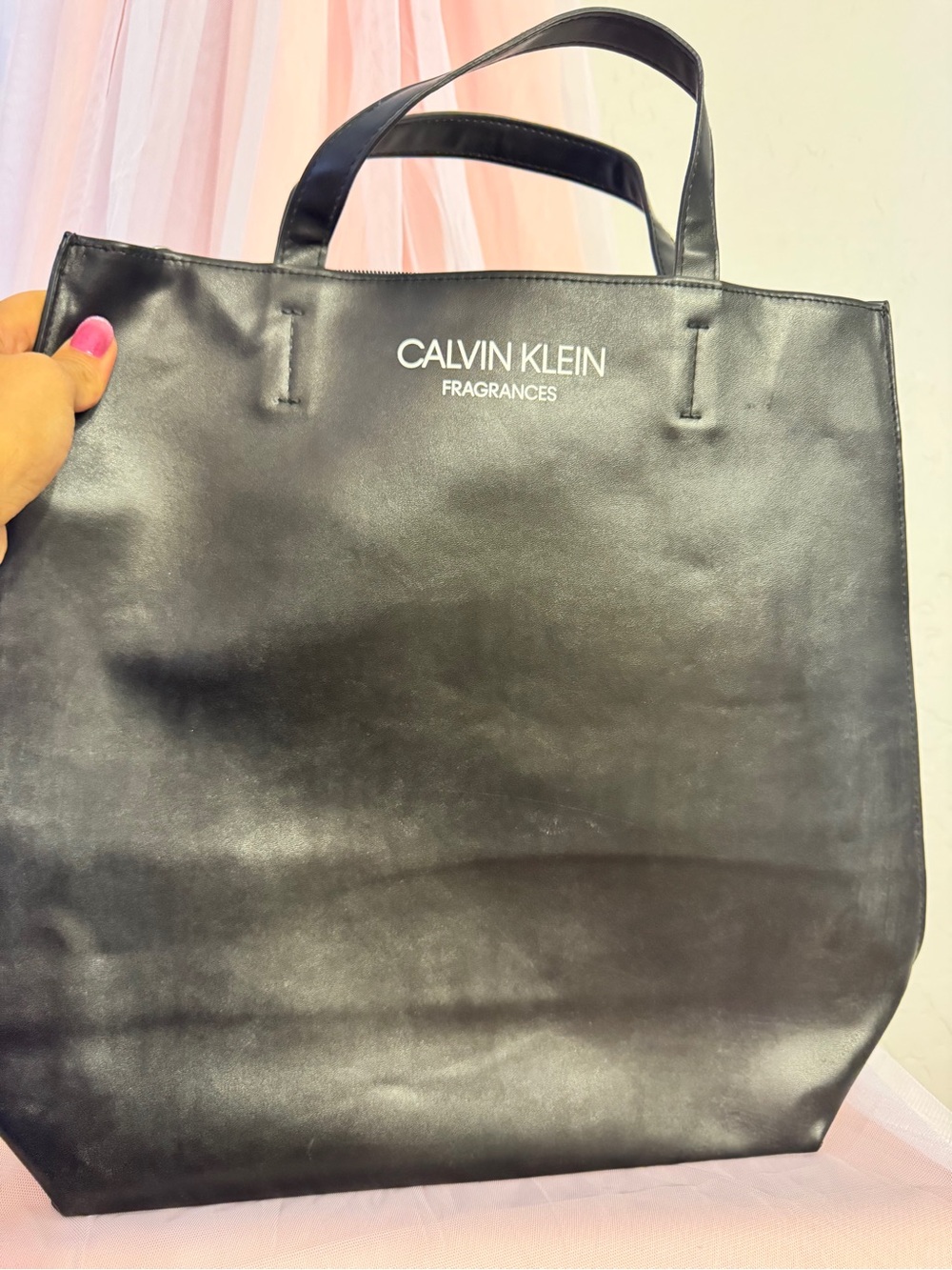 👜Calvin Klein Black Zip Tote Bag Double Handles Pink Lined Pockets Silver HW